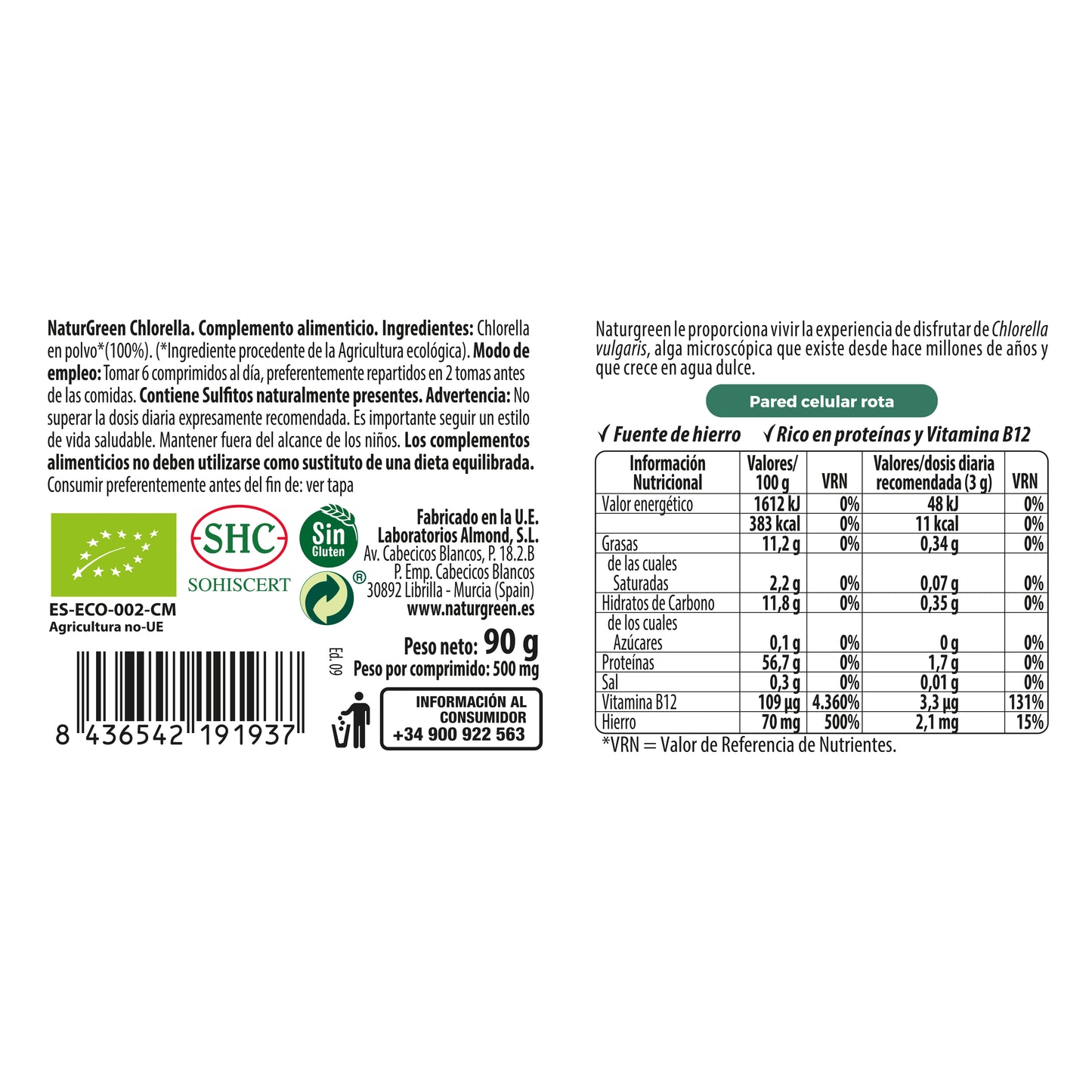 Chlorella Ecológica 180 comprimidos NaturGreen