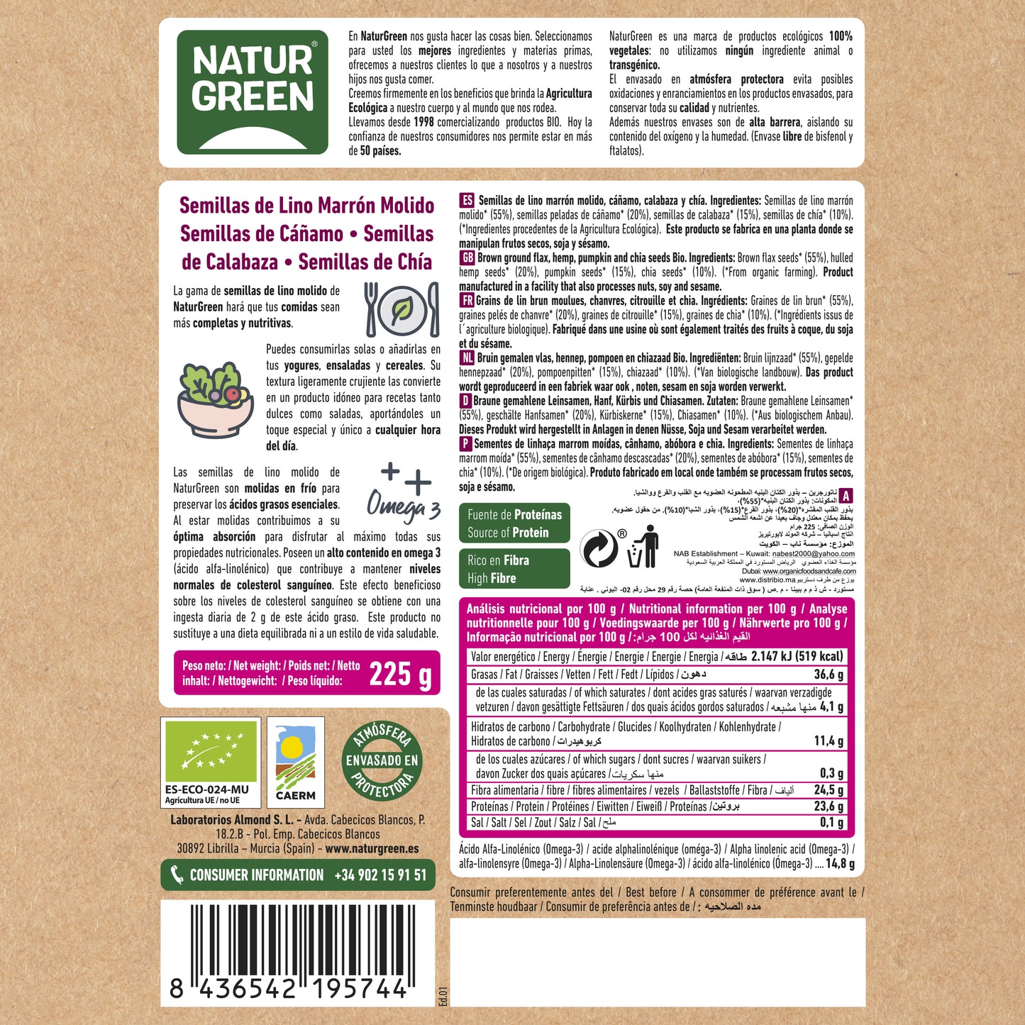 Semillas de lino, cáñamo, calabaza y chía Bio 225g NaturGreen