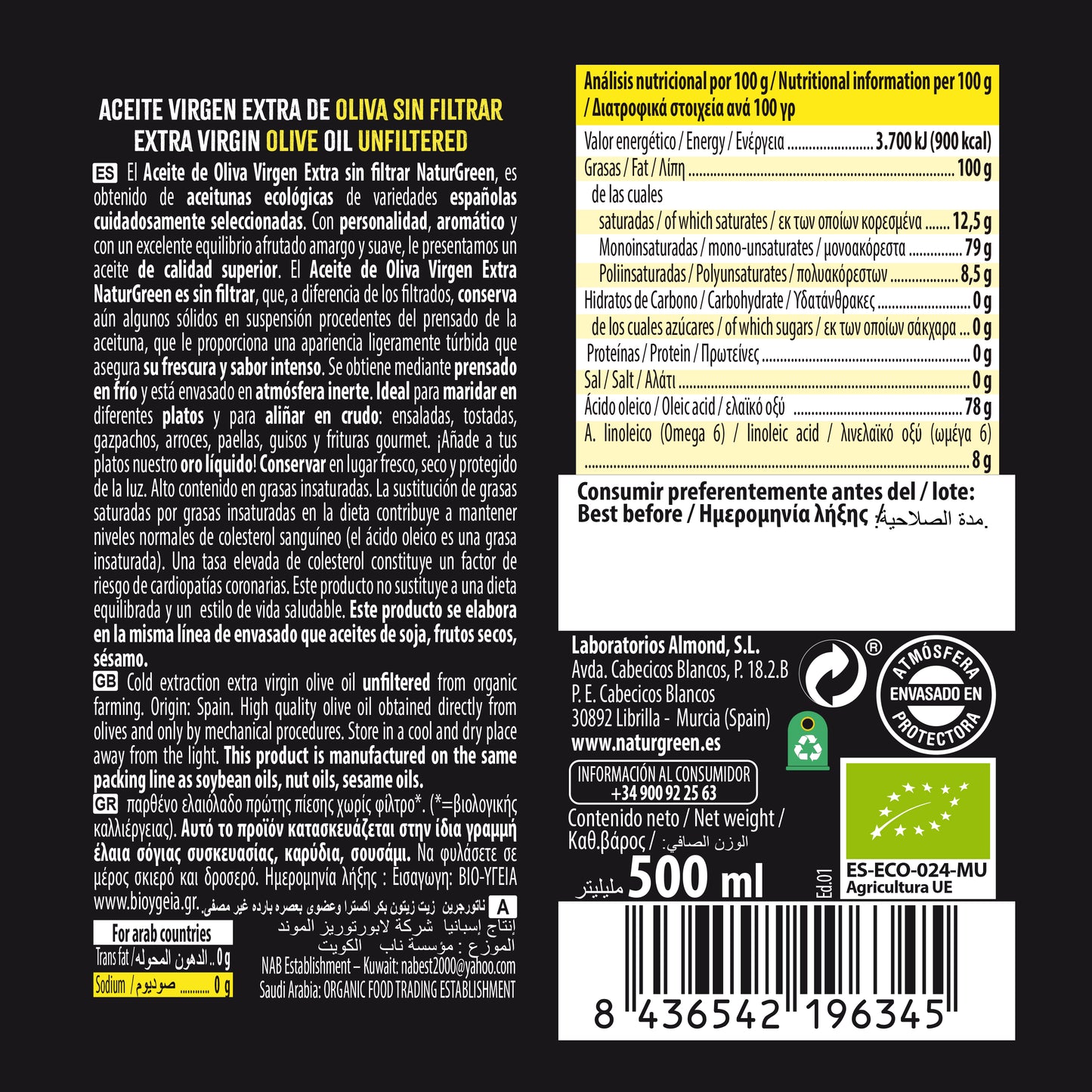 Aceite de Oliva Virgen Extra Sin Filtrar Bio 500 ml NaturGreen