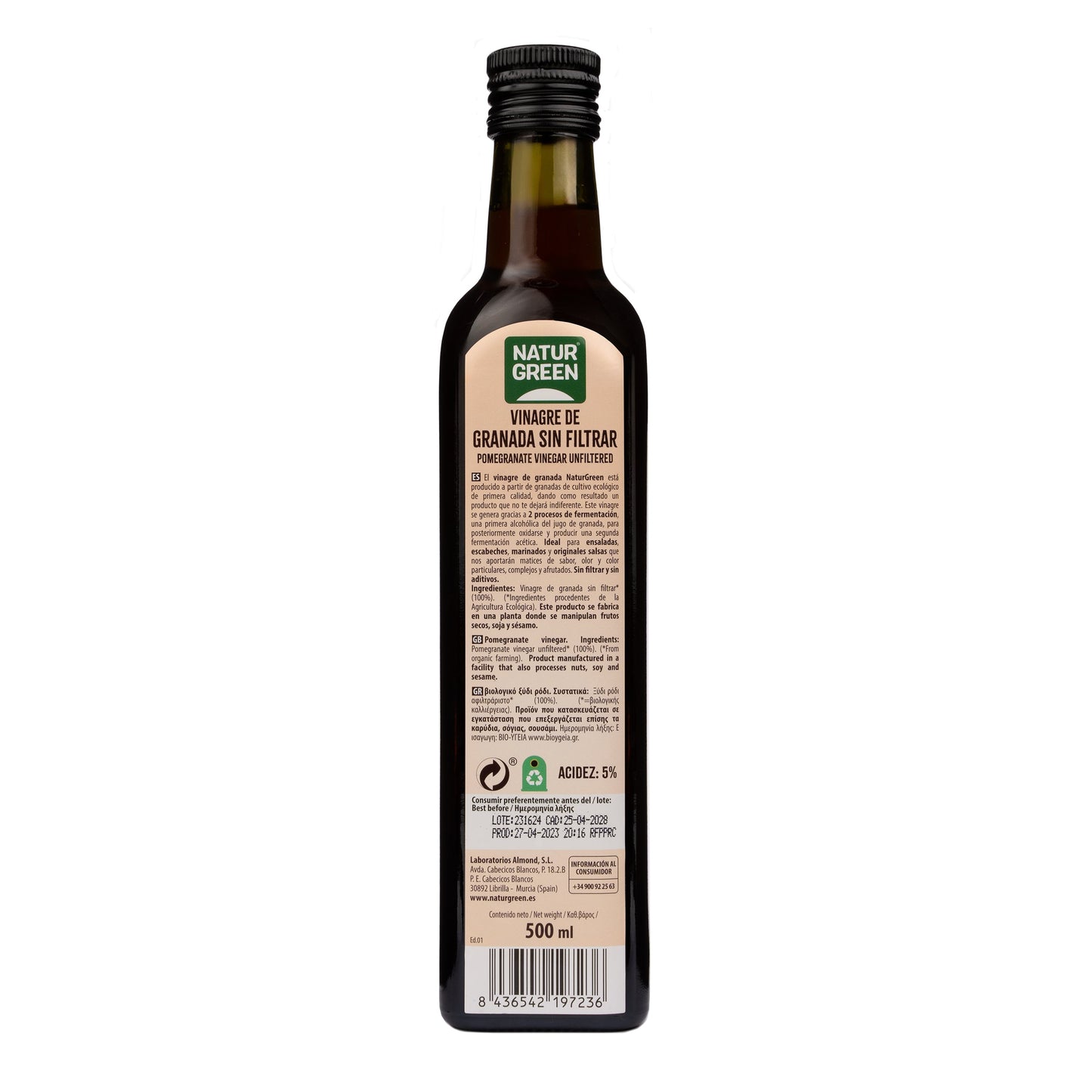 Vinagre de granada sin filtrar Bio 500ml Naturgreen