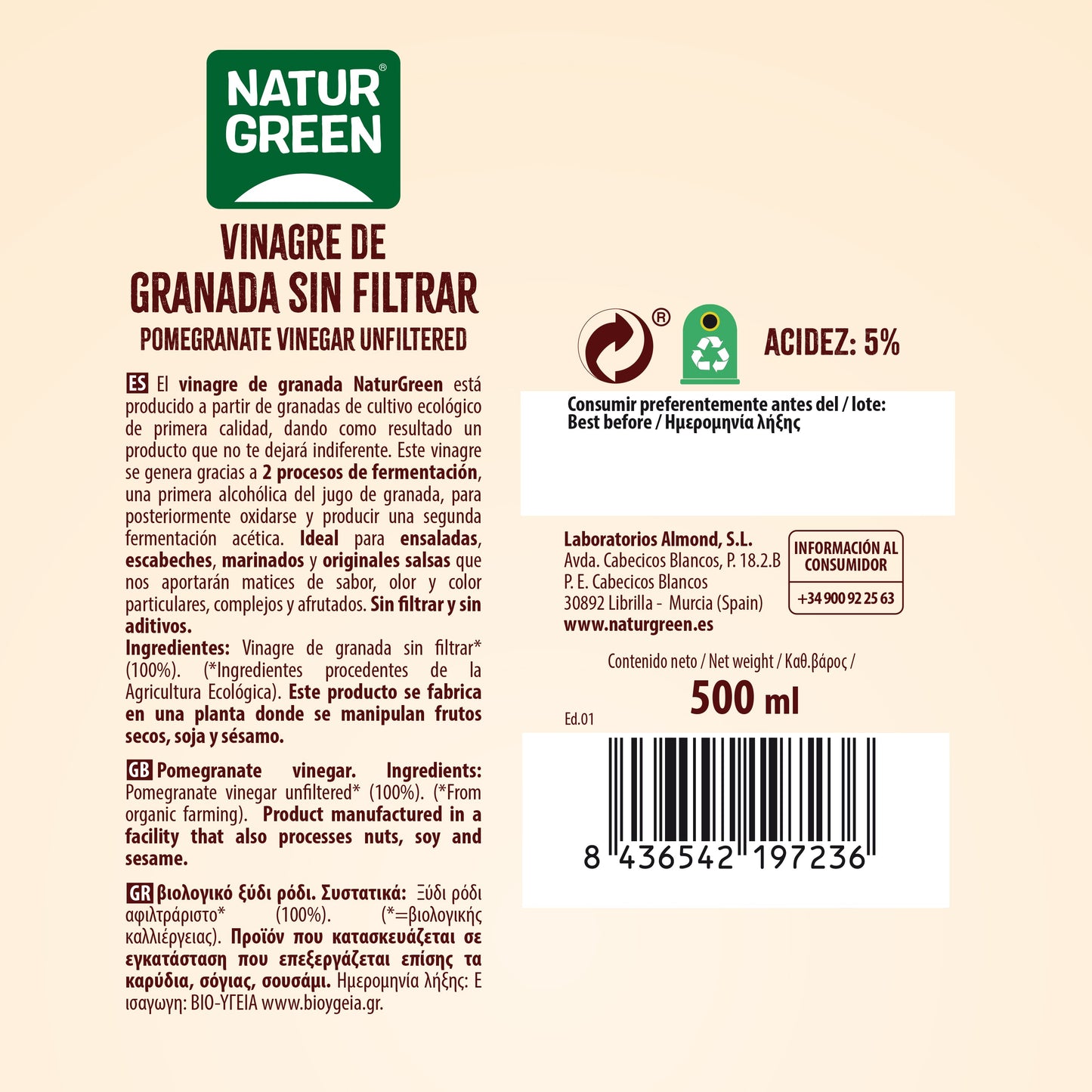 Pack 6x Vinagre de granada sin filtrar Bio 500ml Naturgreen