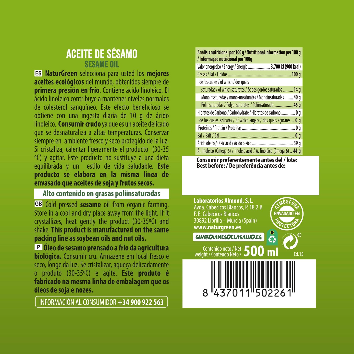 Pack 6x Aceite de Sésamo Ecológico 500 ml NaturGreen