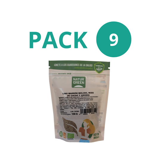 Pack 9x Semillas de lino, nibs de cacao y aronia Bio 150g NaturGreen